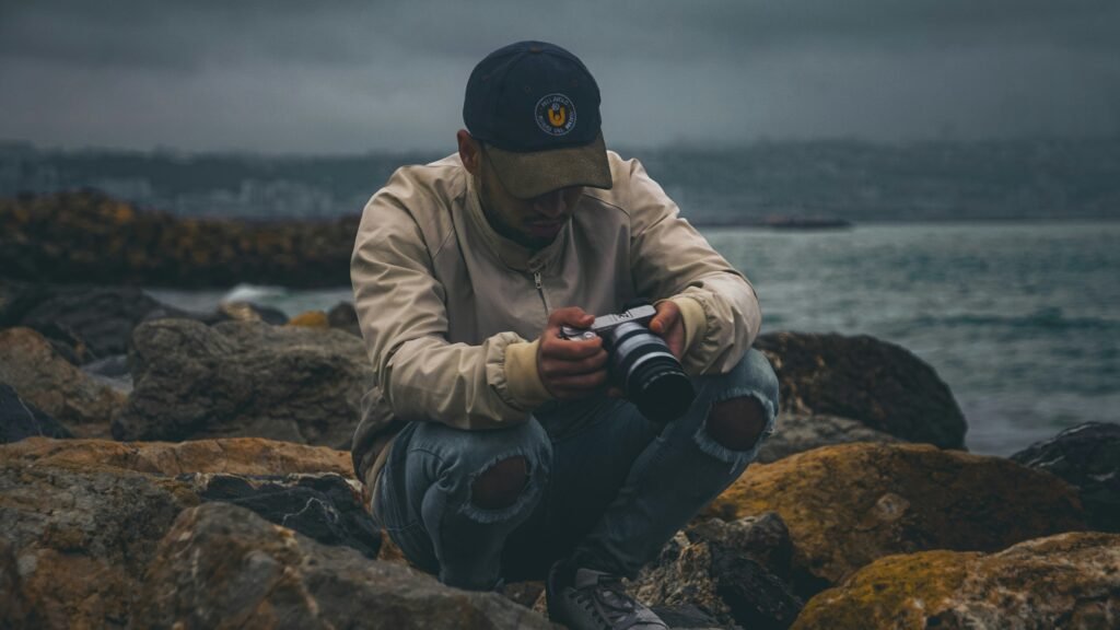 Man on a beach during a stormy day